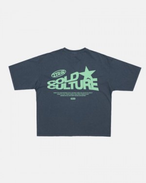 Cold Culture Down To Luck T Shirt Dark Blue | 74016-PHLB