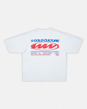 Cold Culture Worldwide Circle T Shirt White Blue | 97265-TUKS