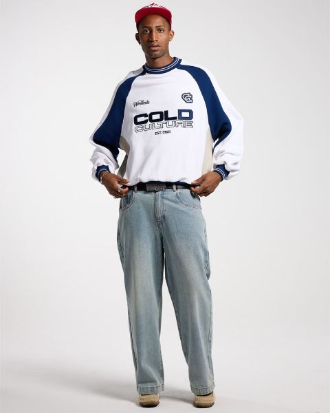Cold Culture Cowboy Varsity Crewneck Sweatshirts White / Blue | 36798-KNPV