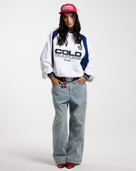 Cold Culture Cowboy Varsity Crewneck Sweatshirts White / Blue | 36798-KNPV