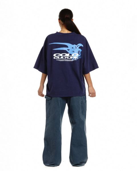 Cold Culture Demon Face T Shirt Deep Blue | 76043-QEMR