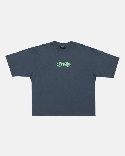 Cold Culture Down To Luck T Shirt Dark Blue | 74016-PHLB