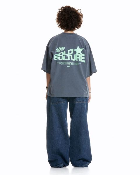 Cold Culture Down To Luck T Shirt Dark Blue | 74016-PHLB