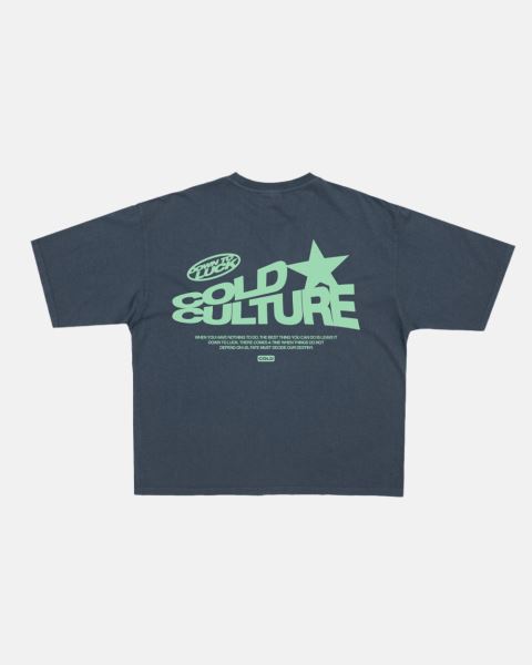 Cold Culture Down To Luck T Shirt Dark Blue | 74016-PHLB