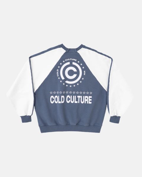 Cold Culture Equipment Crewneck Sweatshirts Dark Blue / White | 01257-RWBU