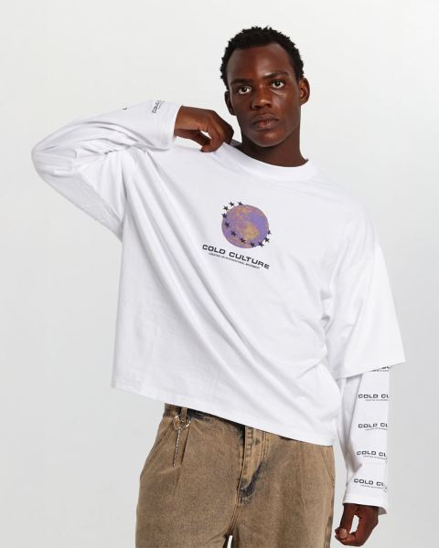 Cold Culture Fire Earth Long Sleeve T Shirt White | 24307-AMYR