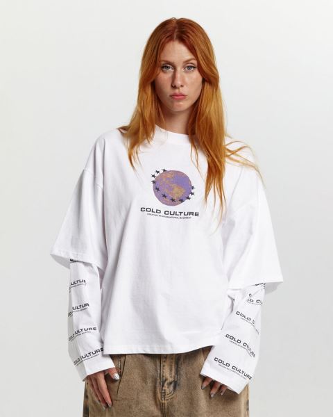 Cold Culture Fire Earth Long Sleeve T Shirt White | 24307-AMYR