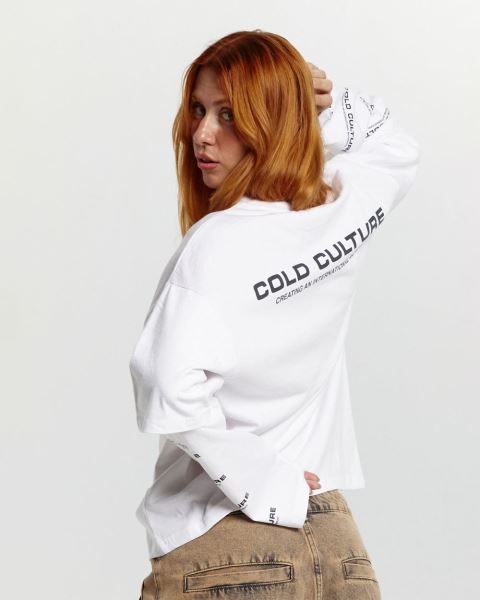 Cold Culture Fire Earth Long Sleeve T Shirt White | 24307-AMYR