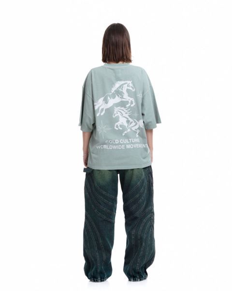 Cold Culture Horses T Shirt Beige Green | 46203-OWEB