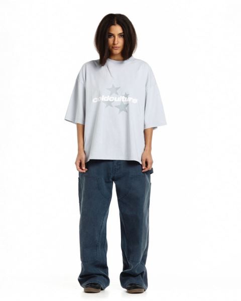 Cold Culture Italic Stars T Shirt Blue | 76521-XQKF