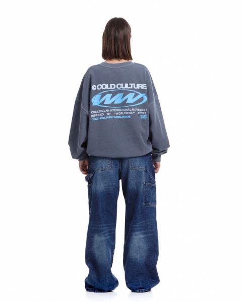 Cold Culture Worldwide Circle Crewneck Sweatshirts Dark Blue | 10672-IXMN